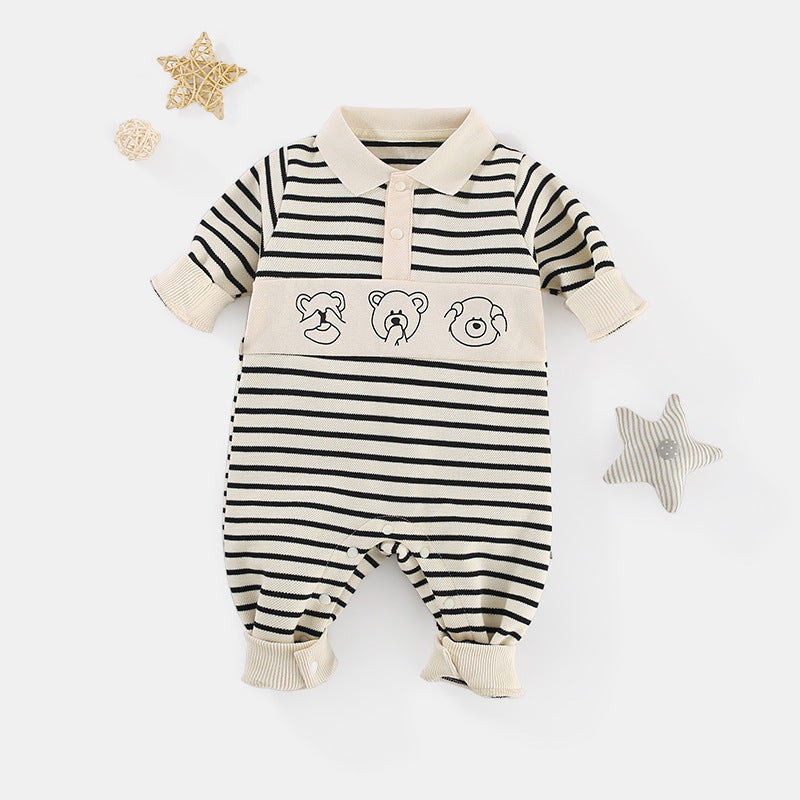 Baby Clothes Spring And Autumn New Boy Baby Clothes Striped Bear Newborn Clothes Lapel Baby Onesie