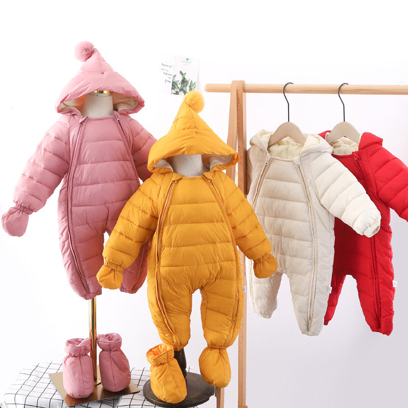 Winter Thickening Newborn Baby Siamese Down Cotton Romper Children's Clothing Baby Hooded Shoes
